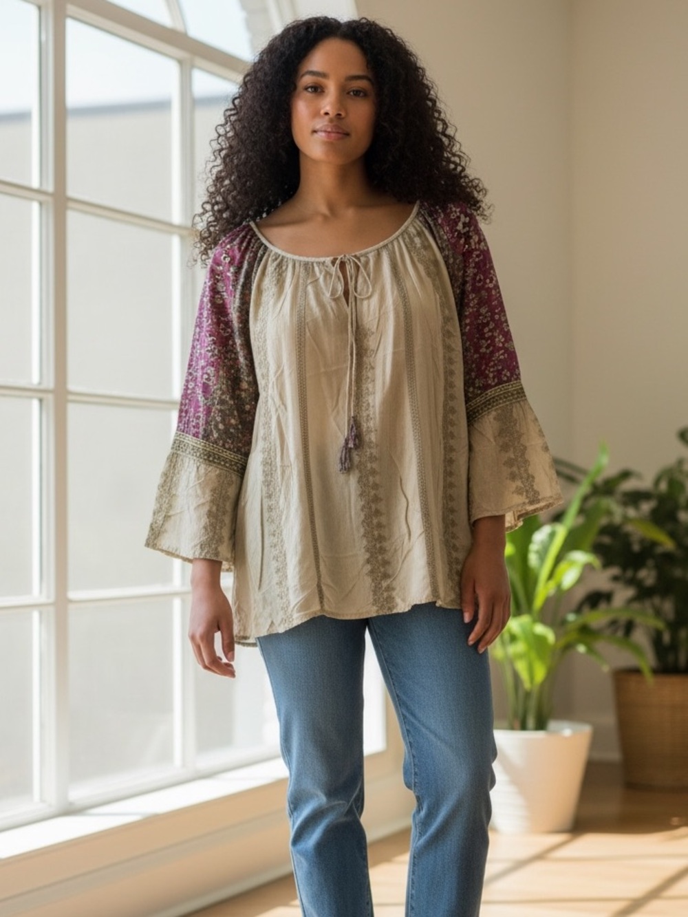 “The Tessa” Embroidered Tie-Neck Peasant Tunic in Sage Green